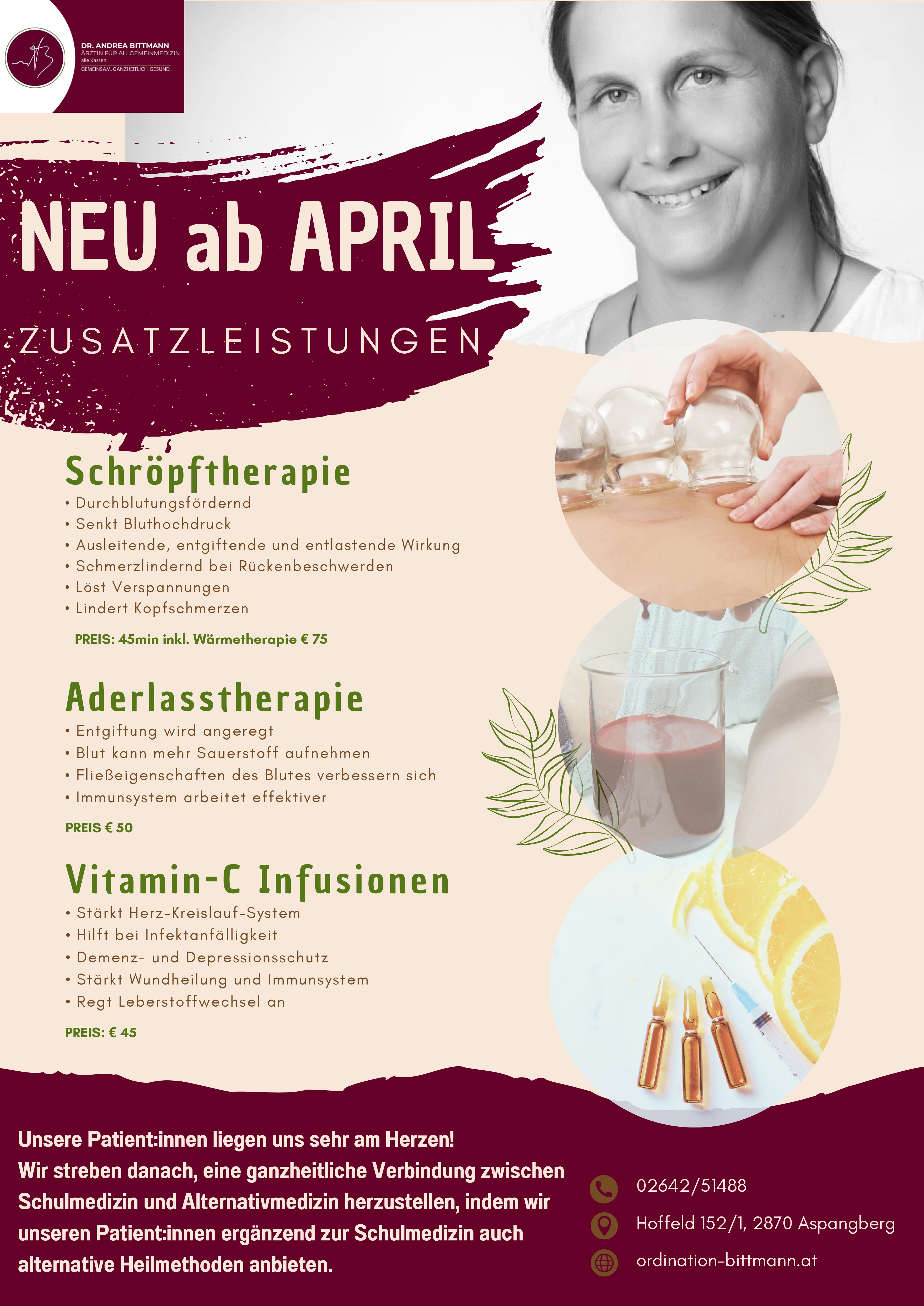 Zusatzleistungen: Schröpftherapie (75€ pro 45min), Aderlasstherapie (50€), Vitamin-C Infustion (45€)